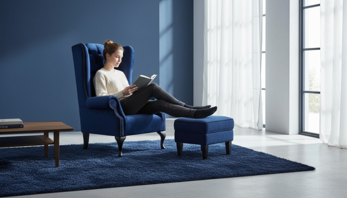 Fauteuil à ailes Chesterfield Canapé Sofa Revêtement 1 place Fauteuil Tissu Bleu