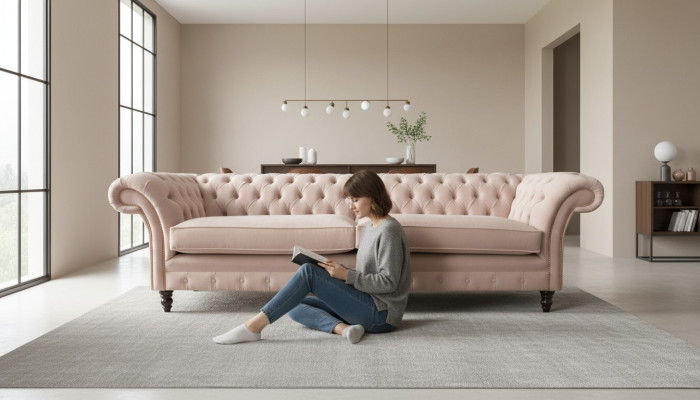 Canapé design 4 places Chesterfield moderne rose Tissu de siège rembourré Sofas Textile en tissu