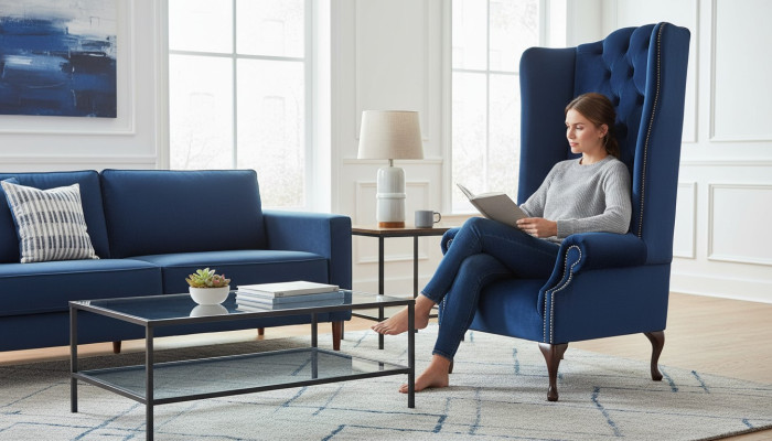 Fauteuil Chesterfield Canapé Textile Salon Rembourrage Bleu Luxe Fauteuil à Oreilles