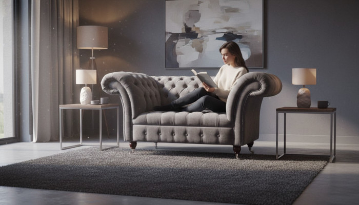 Canapé Chesterfield 1,5 places en tissu gris de conception d'ameublement.