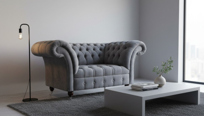 Canapé Chesterfield 1,5 places en tissu gris de conception d'ameublement.