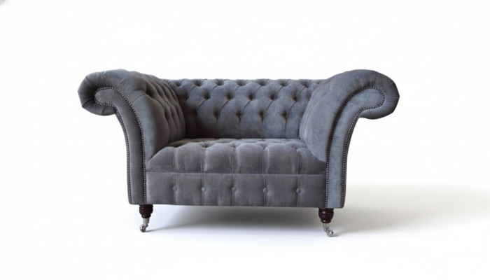 Canapé Chesterfield 1,5 places en tissu gris de conception d'ameublement.