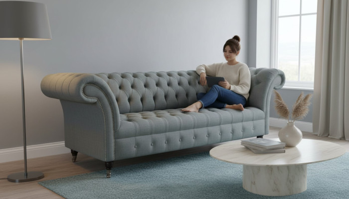 Canapé 3 places en tissu moderne de luxe gris Chesterfield Trois places nouveau