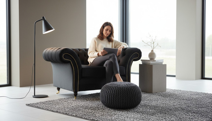 Chesterfield Fauteuil Lounge Canapé Noir Canapé Tissu Moderne Nouveau