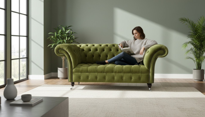 Canapé 2 places Canapé rembourré en tissu vert Chesterfield neuf