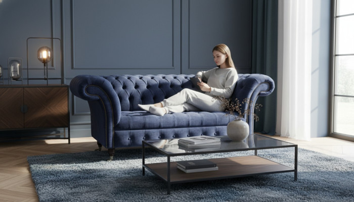Canapé Chesterfield design 2 places revêtement bleu canapés neufs