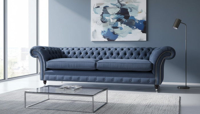 Canapé design 4 places Canapé Tissu Bleu Chesterfield neuf