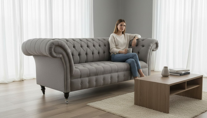 Chesterfield 3 places canapé rembourré Canapé Canapés Textile Style moderne gris