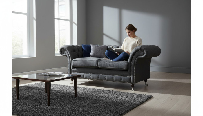 Divan Chesterfield 2 places Tissu Gris Neuf Textile
