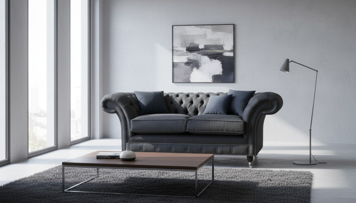 Divan Chesterfield 2 places Tissu Gris Neuf Textile