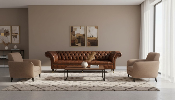 Canapé 4 places de luxe Chesterfield en cuir marron Design de style moderne