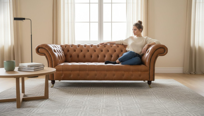 Canapé 3 places Moderne Chesterfield Canapés Canapés Revêtement en tissu Marron neuf