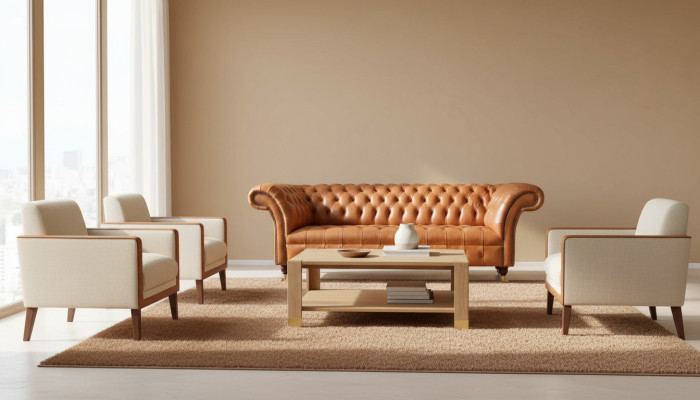 Canapé 3 places Moderne Chesterfield Canapés Canapés Revêtement en tissu Marron neuf