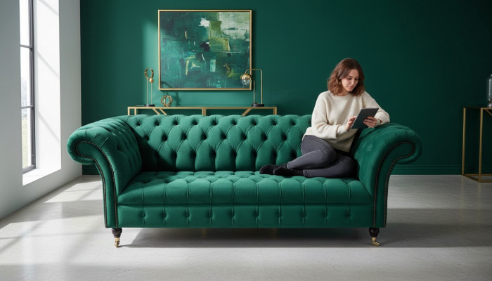 Canapé 3 places de luxe 3 places Sofas modernes Tissu vert Chesterfield