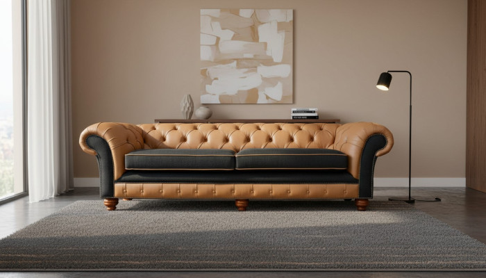 Élégant canapé de salon 4 places en tissu Chesterfield en cuir textile neuf