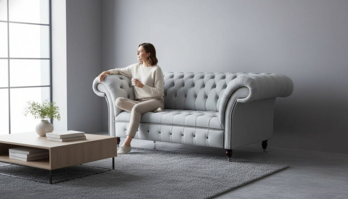 Canapé Chesterfield Deux Places Gris en Cuir.getContentPane()Sofas.