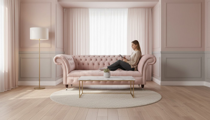 Chesterfield Canapés Design Rose 3 Places Revêtement Tissu Textile