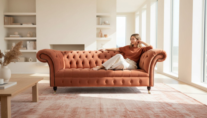 Canapé 3 places Chesterfield de luxe en tissu d'ameublement neuf