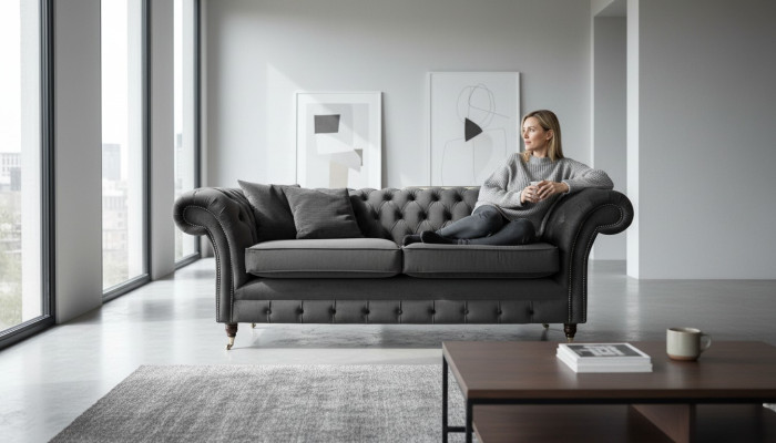 Canapé Chesterfield 3 places en tissu gris pour salon de style.