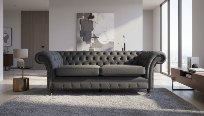 Canapé Chesterfield 3 places en tissu gris pour salon de style.