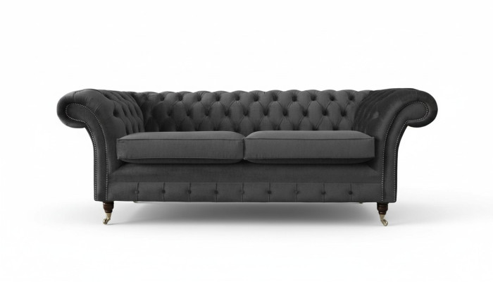 Canapé Chesterfield 3 places en tissu gris pour salon de style.