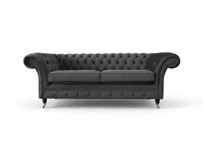 Canapé Chesterfield 3 places en tissu gris pour salon de style.