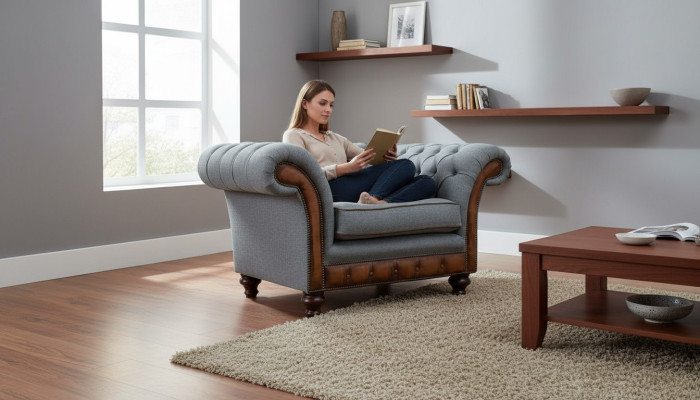 Fauteuil design Relax en tissu Salon de luxe gris Chesterfield à assise rembourrée