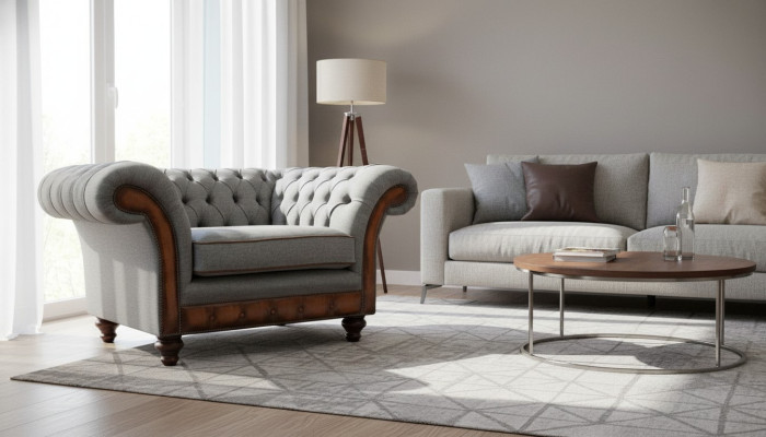 Fauteuil design Relax en tissu Salon de luxe gris Chesterfield à assise rembourrée