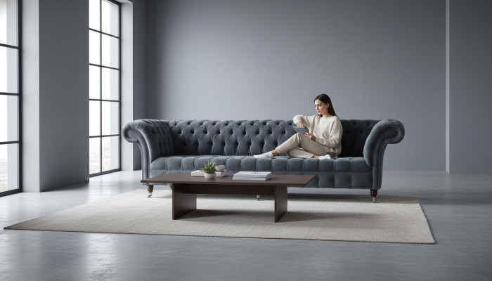 Canapé 4 places Canapés 4 places Design moderne en tissu gris Chesterfield