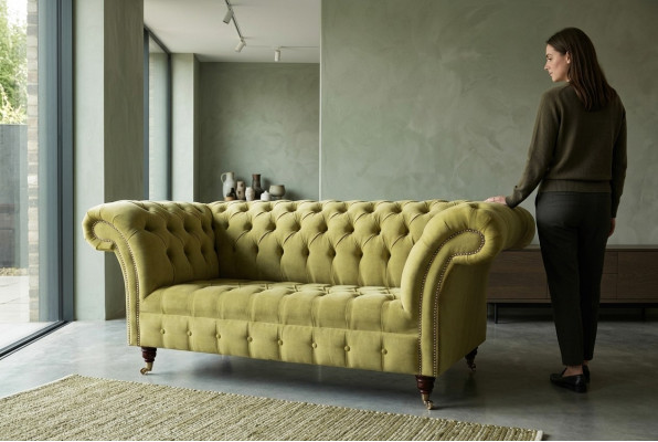 Canapé 2 places de luxe 2 places Salon Vert clair Chesterfield Tissu neuf