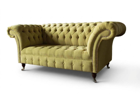 Canapé 2 places de luxe 2 places Salon Vert clair Chesterfield Tissu neuf