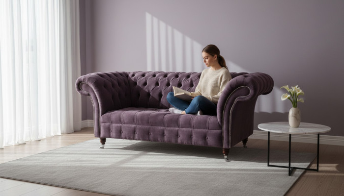 Canapé Chesterfield design en peluche violet en tissu pour deux personnes tout neuf