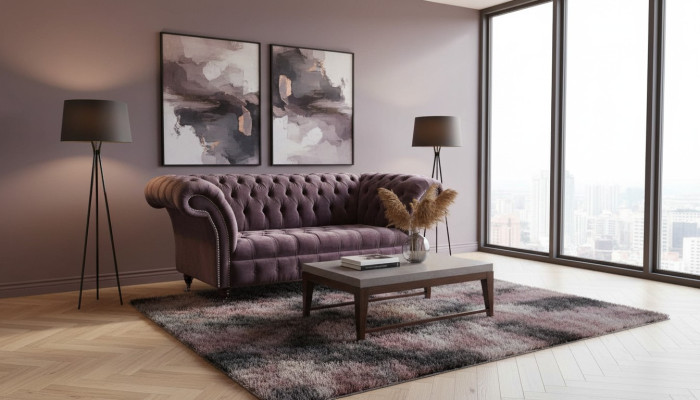 Canapé Chesterfield design en peluche violet en tissu pour deux personnes tout neuf