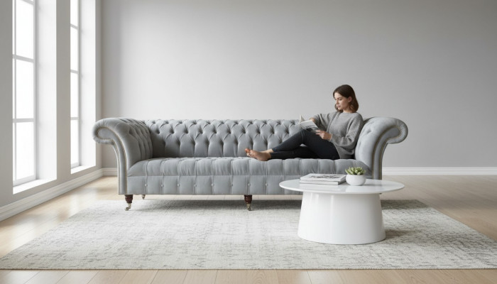 Canapé design Chesterfield 4 places en tissu de luxe.