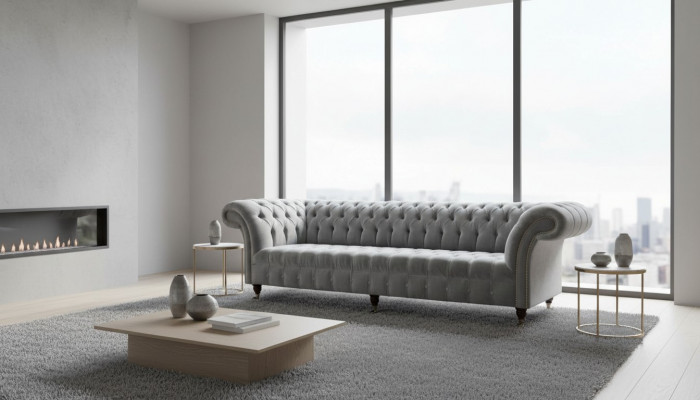Canapé design Chesterfield 4 places en tissu de luxe.