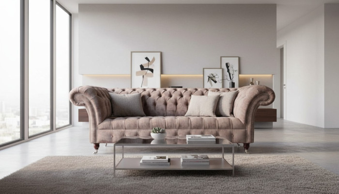 Canapé Chesterfield Sofa Tissu Design 3 Places Trois Places Violet