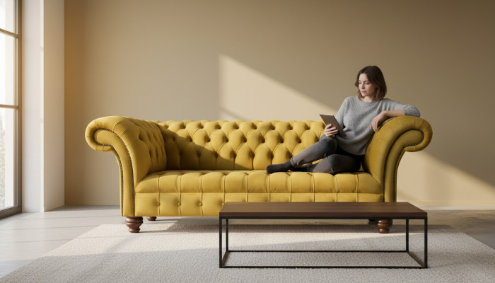Chesterfield Canapé Jaune Tapisserie 3 places Canapés Sièges Trois Places