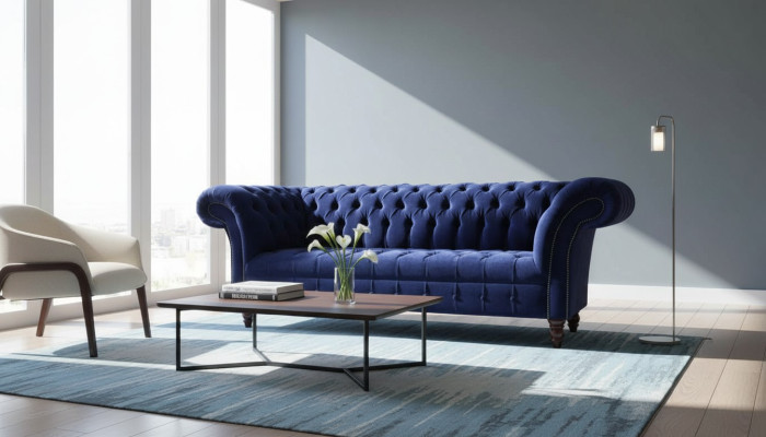 Chesterfield Design Canapé de luxe rembourré 3 places en textile bleu nouveau
