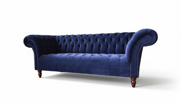 Chesterfield Design Canapé de luxe rembourré 3 places en textile bleu nouveau