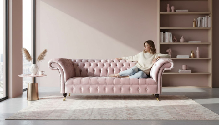 Canapé Chesterfield 3 places Canapé en tissu rose Salon Canapés rembourrés neufs