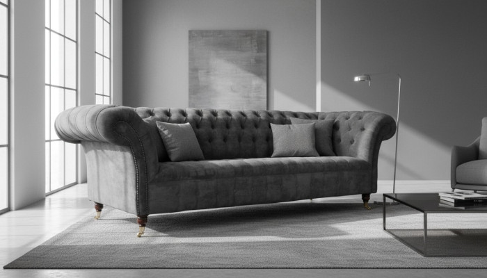 Canapé Chesterfield 3 places en tissu gris au siège rembourré, canapé en tissu textiles.