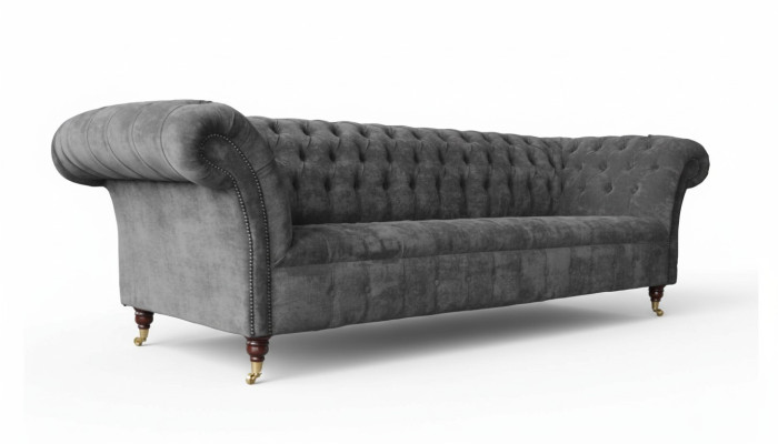 Canapé Chesterfield 3 places en tissu gris au siège rembourré, canapé en tissu textiles.