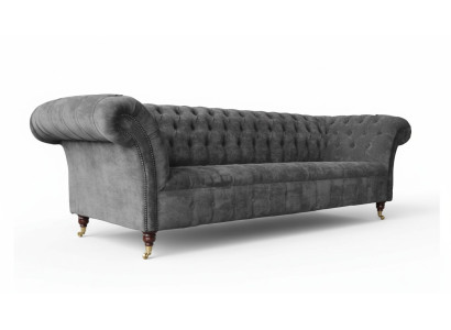 Canapé Chesterfield 3 places en tissu gris au siège rembourré, canapé en tissu textiles.