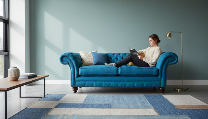 Canapé Chesterfield 3 places Tissu Canapés Tissu Salon Bleu