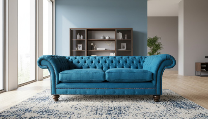 Canapé Chesterfield 3 places Tissu Canapés Tissu Salon Bleu