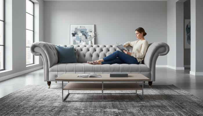Canapé Chesterfield en textile 3 places gris Canapé Canapé Grand nouveau
