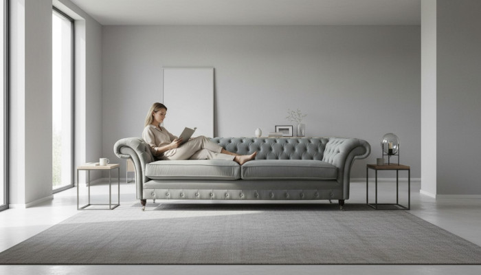 Canapé 4 places Chesterfield Canapé Rembourré Assise en tissu Gris Salon