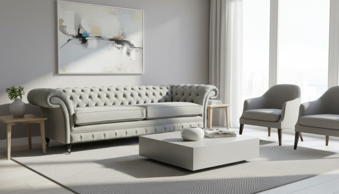 Canapé 4 places Chesterfield Canapé Rembourré Assise en tissu Gris Salon