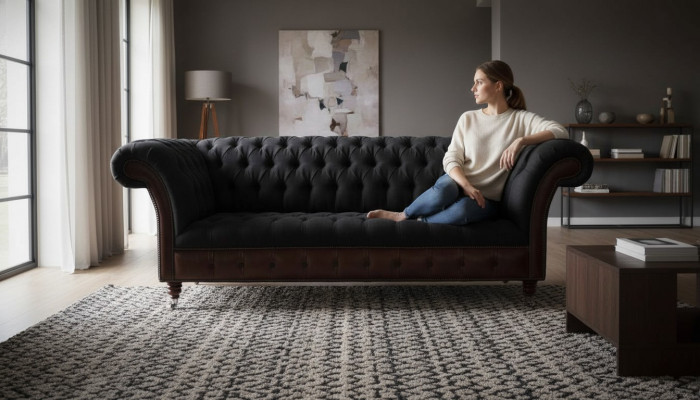 Chesterfield 3 places canapé canapé en cuir revêtement de siège tissu noir neuf