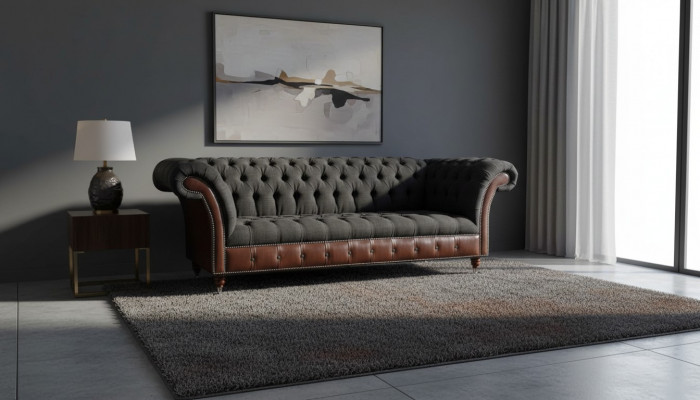 Chesterfield 3 places canapé canapé en cuir revêtement de siège tissu noir neuf